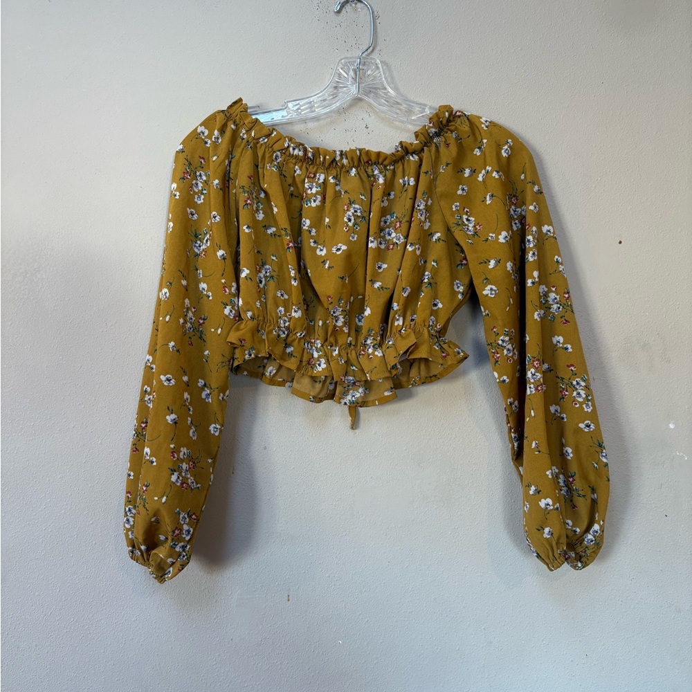 Floral Mustard Yellow Cropped Peasant Top Long Sleeve Cottagecore M Romwe - Picture 7 of 7